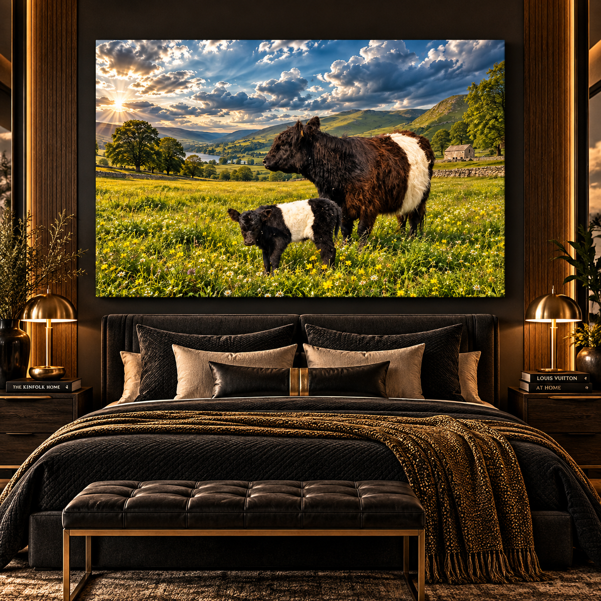 Belted Galloway Cow and Calf Wrapped Canvas Wall Art – Beltie Cattle in Mountain Meadow Landscape