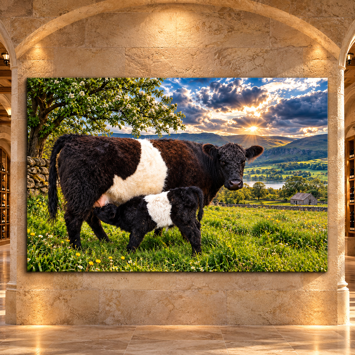 Belted Galloway Cow Nursing Calf Wrapped Canvas Wall Art – Beltie Mother & Baby Mountain Farm Painting
