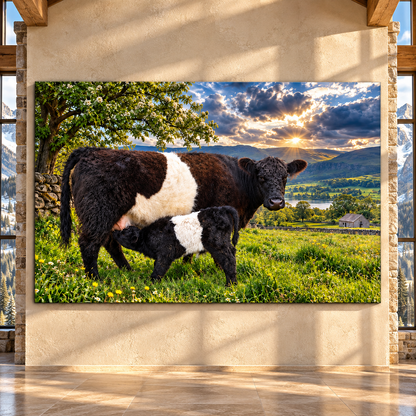 Belted Galloway Cow Nursing Calf Wrapped Canvas Wall Art – Beltie Mother & Baby Mountain Farm Painting