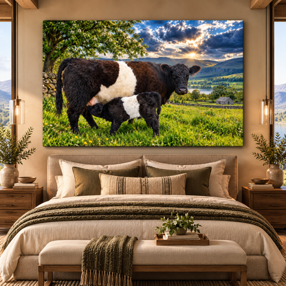 Belted Galloway Cow Nursing Calf Wrapped Canvas Wall Art – Beltie Mother & Baby Mountain Farm Painting