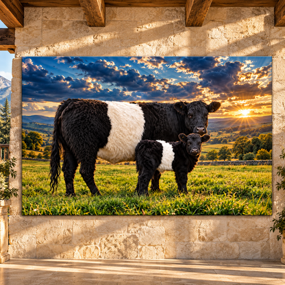 Belted Galloway Cow and Calf at Sunset Wrapped Canvas Wall Art – Beltie Cattle Pasture Painting