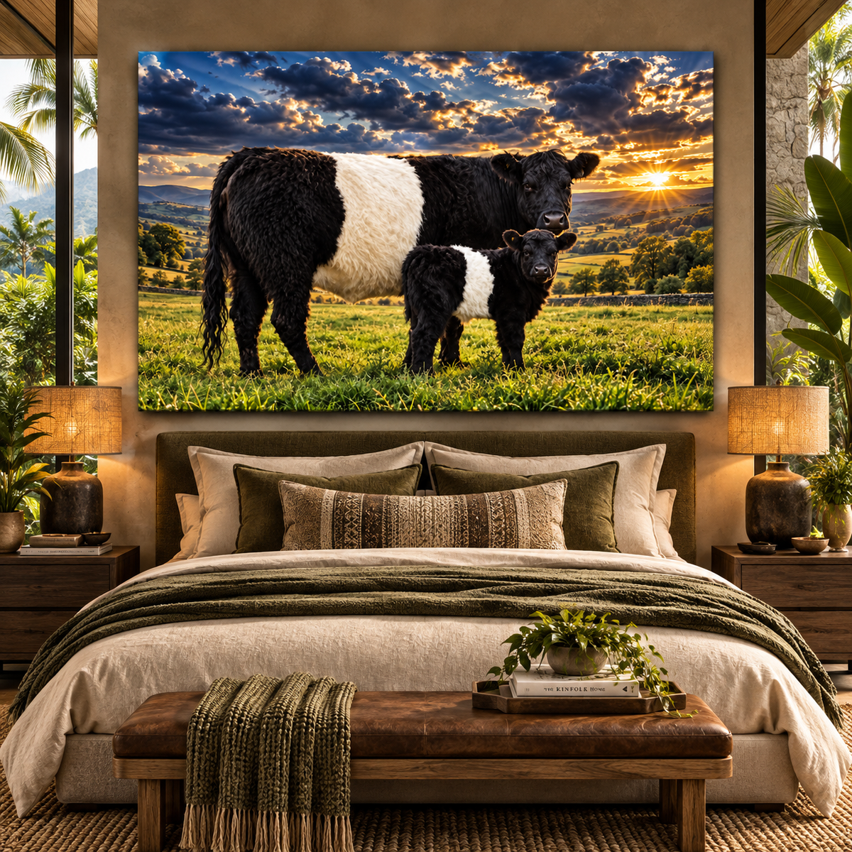 Belted Galloway Cow and Calf at Sunset Wrapped Canvas Wall Art – Beltie Cattle Pasture Painting