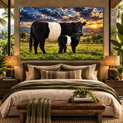 Belted Galloway Cow and Calf at Sunset Wrapped Canvas Wall Art – Beltie Cattle Pasture Painting