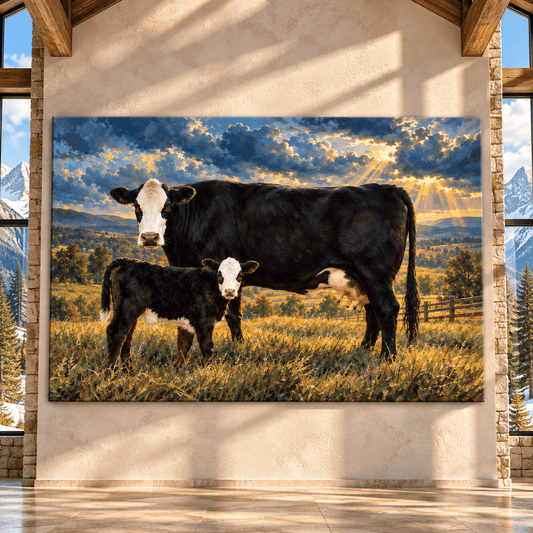 Black Baldy Cow and Calf at Sunset Wrapped Canvas Wall Art – Western Cattle Ranch Painting - ART OF ROYALS