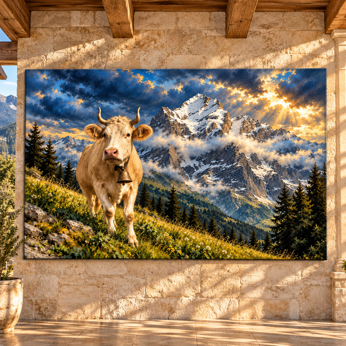 Charolais Cow in Alpine Mountain Meadow Wrapped Canvas Wall Art – Horned Cattle Landscape Painting