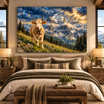 Charolais Cow in Alpine Mountain Meadow Wrapped Canvas Wall Art – Horned Cattle Landscape Painting