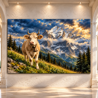 Charolais Cow in Alpine Mountain Meadow Wrapped Canvas Wall Art – Horned Cattle Landscape Painting