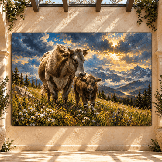 Limousin Cow and Calf in Mountain Meadow Wrapped Canvas Wall Art – Rustic Cattle Landscape Painting - ART OF ROYALS