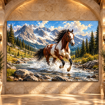 American Paint Horse Running Through Mountain Stream Wrapped Canvas Wall Art – Western Pinto Horse Landscape