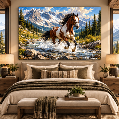 American Paint Horse Running Through Mountain Stream Wrapped Canvas Wall Art – Western Pinto Horse Landscape