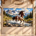 American Paint Horse Running Through Mountain Stream Wrapped Canvas Wall Art – Western Pinto Horse Landscape