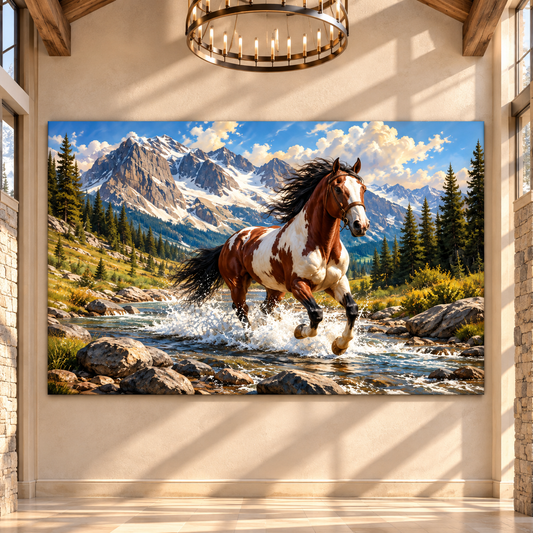 American Paint Horse Running Through Mountain Stream Wrapped Canvas Wall Art – Western Pinto Horse Landscape