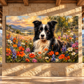 Border Collie in Wildflower Meadow Wrapped Canvas Wall Art – Black & White Farm Dog Landscape Painting