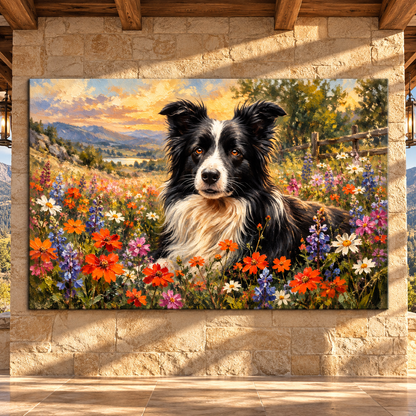 Border Collie in Wildflower Meadow Wrapped Canvas Wall Art – Black & White Farm Dog Landscape Painting