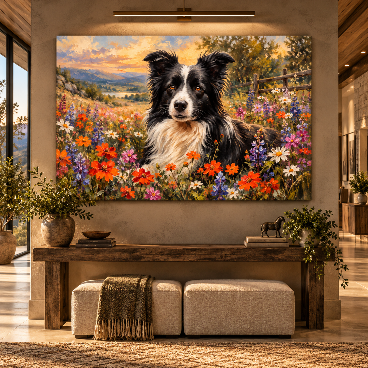 Border Collie in Wildflower Meadow Wrapped Canvas Wall Art – Black & White Farm Dog Landscape Painting