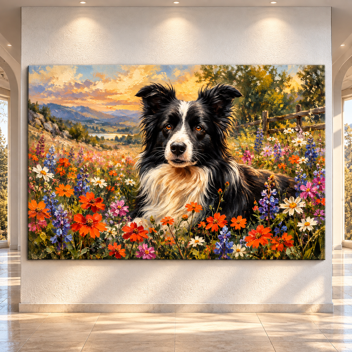 Border Collie in Wildflower Meadow Wrapped Canvas Wall Art – Black & White Farm Dog Landscape Painting