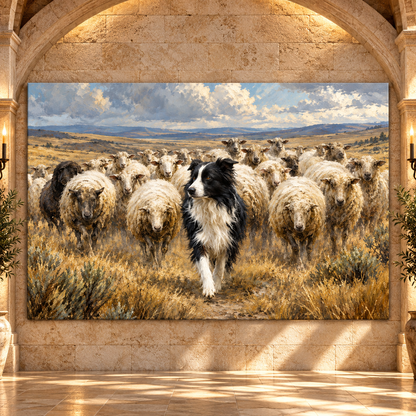 Border Collie Herding Sheep Wrapped Canvas Wall Art – Working Sheepdog & Flock Ranch Painting