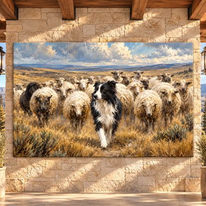 Border Collie Herding Sheep Wrapped Canvas Wall Art – Working Sheepdog & Flock Ranch Painting