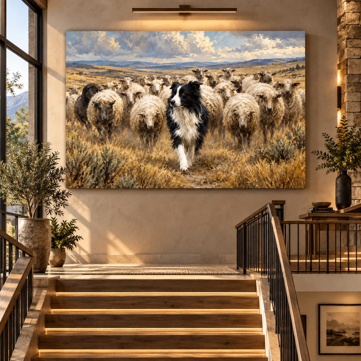 Border Collie Herding Sheep Wrapped Canvas Wall Art – Working Sheepdog & Flock Ranch Painting