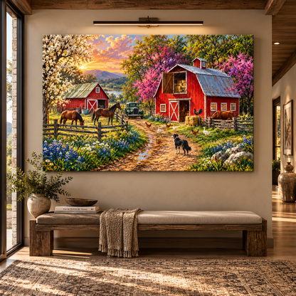 Border Collie on Colorful Farm Wrapped Canvas Wall Art – Red Barn, Horses & Country Animals Painting