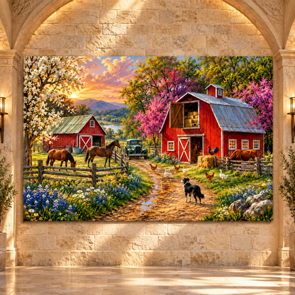 Border Collie on Colorful Farm Wrapped Canvas Wall Art – Red Barn, Horses & Country Animals Painting