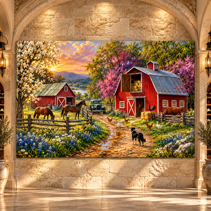Border Collie on Colorful Farm Wrapped Canvas Wall Art – Red Barn, Horses & Country Animals Painting