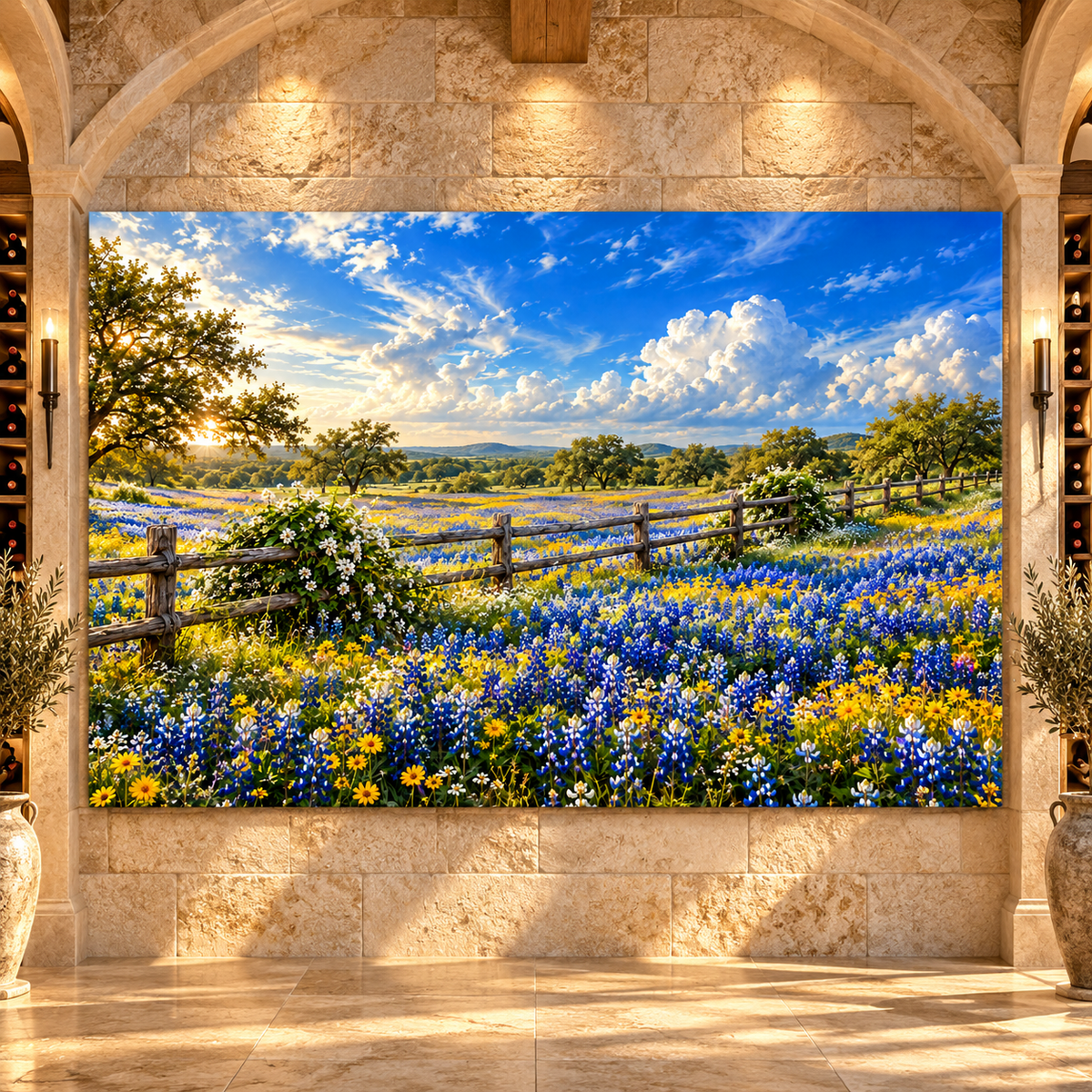 Texas Bluebonnet Field Wrapped Canvas Wall Art – Hill Country Wildflower & Rustic Fence Landscape