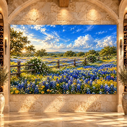 Texas Bluebonnet Field Wrapped Canvas Wall Art – Hill Country Wildflower & Rustic Fence Landscape