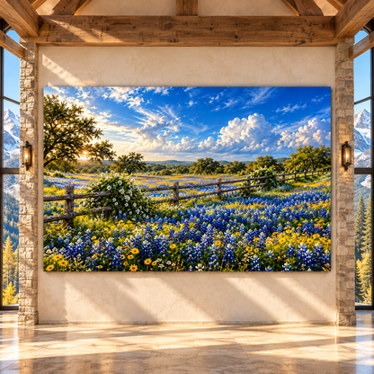 Texas Bluebonnet Field Wrapped Canvas Wall Art – Hill Country Wildflower & Rustic Fence Landscape