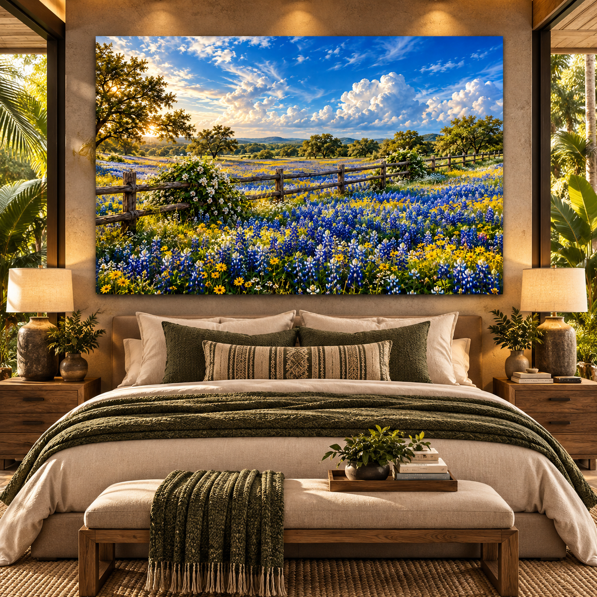 Texas Bluebonnet Field Wrapped Canvas Wall Art – Hill Country Wildflower & Rustic Fence Landscape