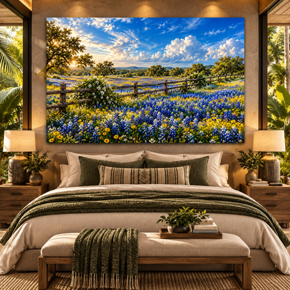 Texas Bluebonnet Field Wrapped Canvas Wall Art – Hill Country Wildflower & Rustic Fence Landscape