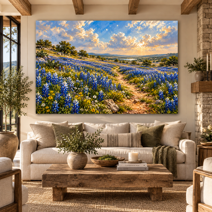 Texas Bluebonnet Trail Wrapped Canvas Wall Art – Hill Country Wildflower Landscape Painting