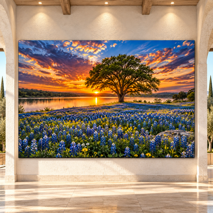 Texas Bluebonnet Field and Lone Oak at Sunset Wrapped Canvas Wall Art – Hill Country Lake Landscape