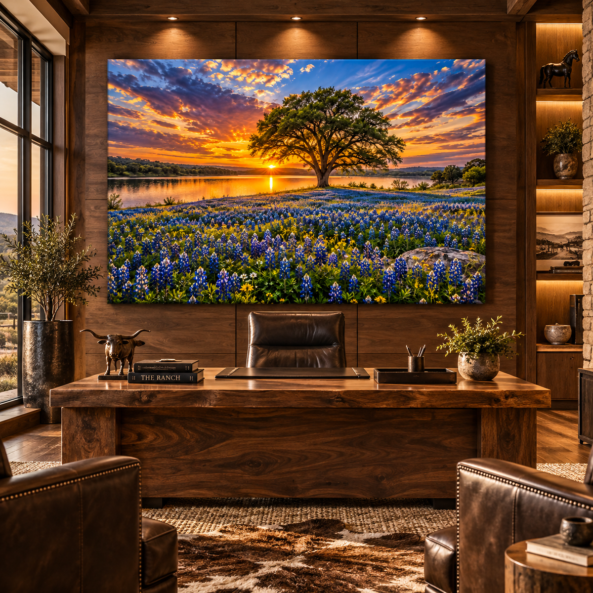 Texas Bluebonnet Field and Lone Oak at Sunset Wrapped Canvas Wall Art – Hill Country Lake Landscape