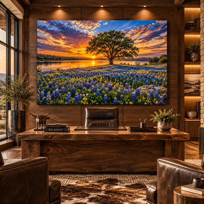 Texas Bluebonnet Field and Lone Oak at Sunset Wrapped Canvas Wall Art – Hill Country Lake Landscape