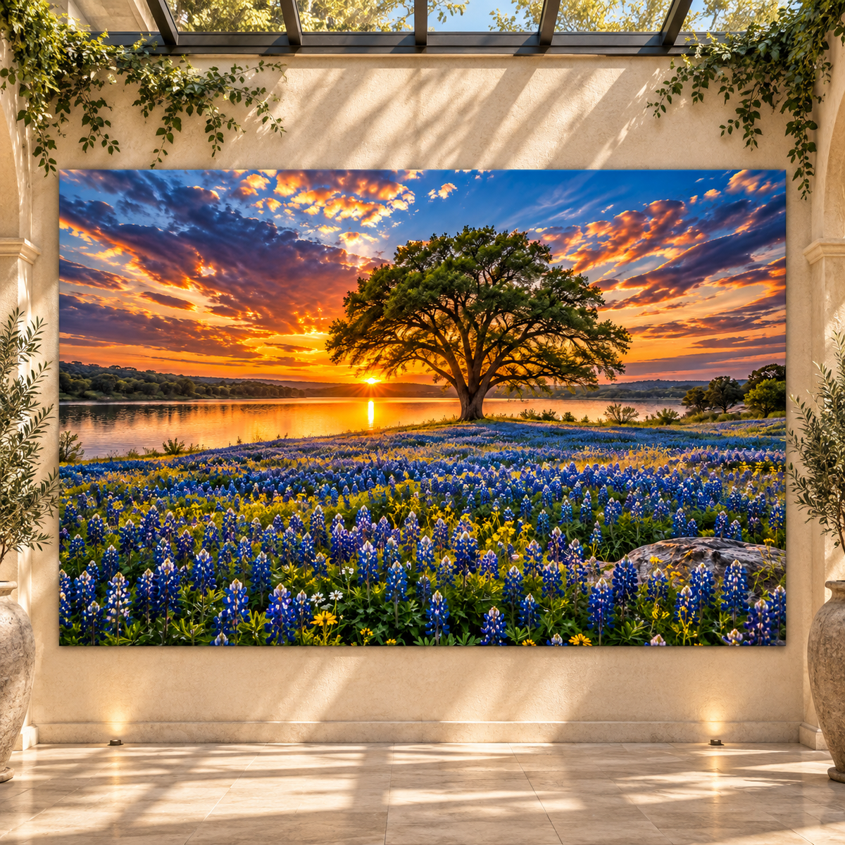 Texas Bluebonnet Field and Lone Oak at Sunset Wrapped Canvas Wall Art – Hill Country Lake Landscape