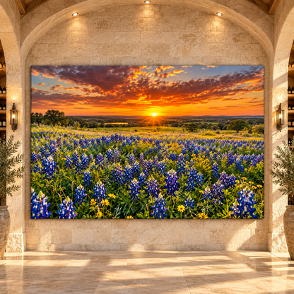 Texas Bluebonnet Field at Sunset Wrapped Canvas Wall Art – Hill Country Wildflower Landscape - ART OF ROYALS