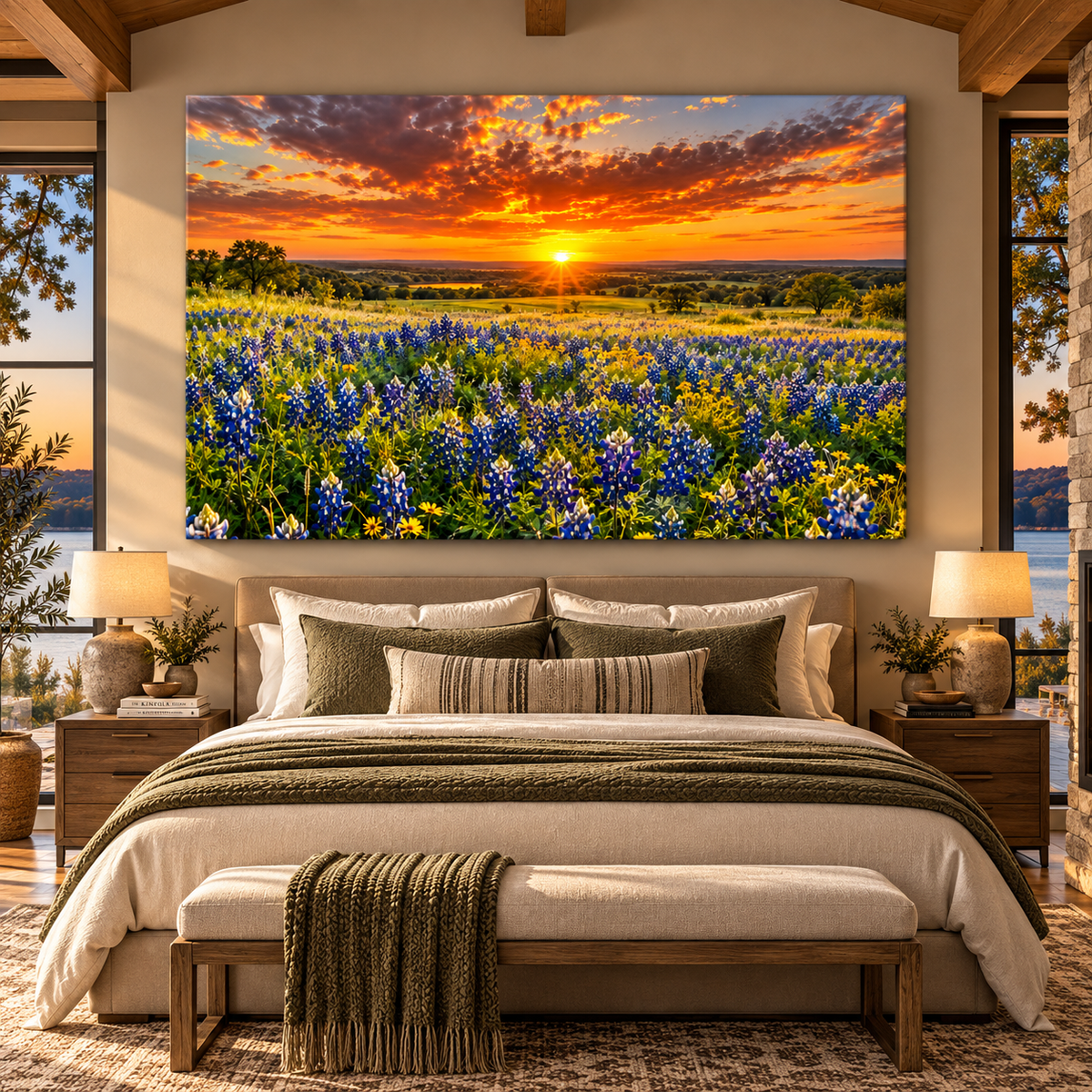 Texas Bluebonnet Field at Sunset Wrapped Canvas Wall Art – Hill Country Wildflower Landscape - ART OF ROYALS