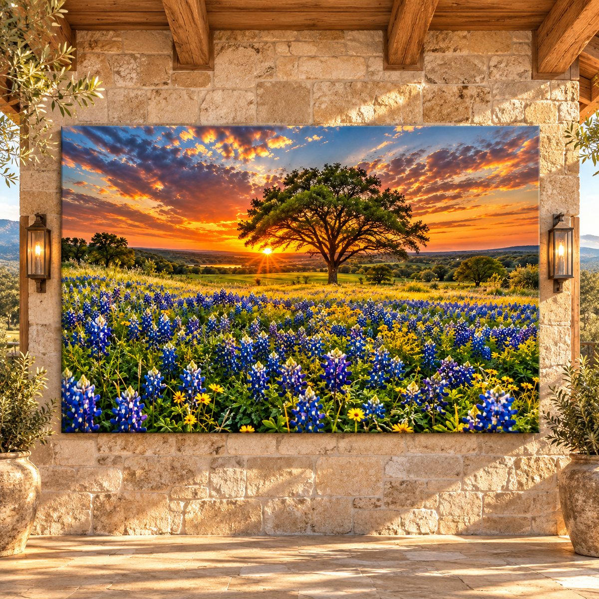 Texas Bluebonnet Field at Sunset Wrapped Canvas Wall Art – Hill Country Wildflower Landscape - ART OF ROYALS