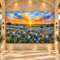 Texas Bluebonnet Field at Golden Sunset Wrapped Canvas Wall Art – Hill Country Wildflower Painting