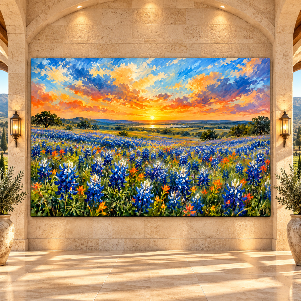 Texas Bluebonnet Field at Golden Sunset Wrapped Canvas Wall Art – Hill Country Wildflower Painting - ART OF ROYALS