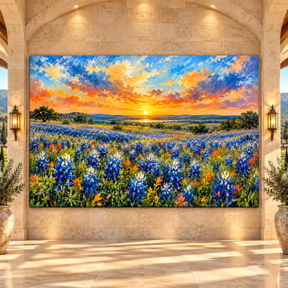 Texas Bluebonnet Field at Golden Sunset Wrapped Canvas Wall Art – Hill Country Wildflower Painting - ART OF ROYALS