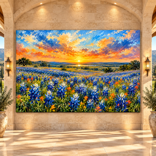 Texas Bluebonnet Field at Golden Sunset Wrapped Canvas Wall Art – Hill Country Wildflower Painting - ART OF ROYALS