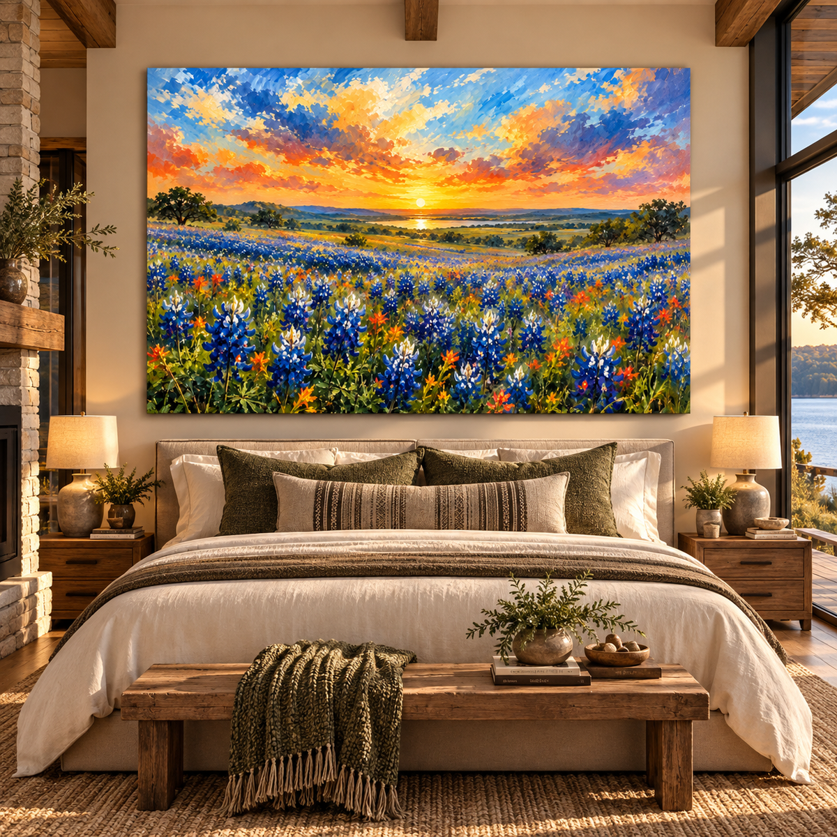 Texas Bluebonnet Field at Golden Sunset Wrapped Canvas Wall Art – Hill Country Wildflower Painting - ART OF ROYALS