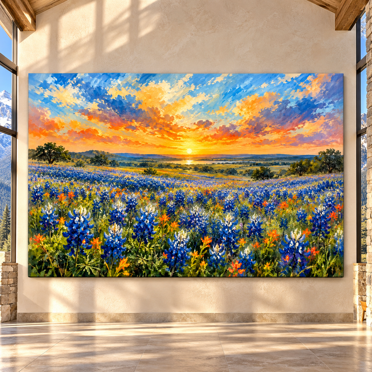 Texas Bluebonnet Field at Golden Sunset Wrapped Canvas Wall Art – Hill Country Wildflower Painting - ART OF ROYALS
