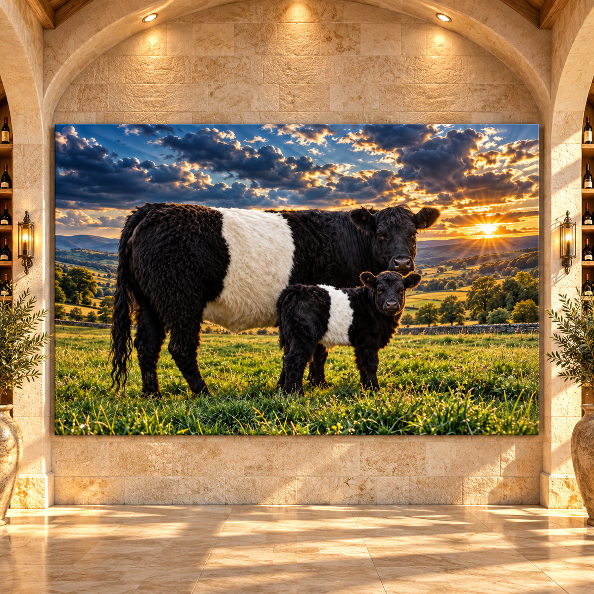 Belted Galloway Cow and Calf at Sunset Wrapped Canvas Wall Art – Beltie Cattle Pasture Painting