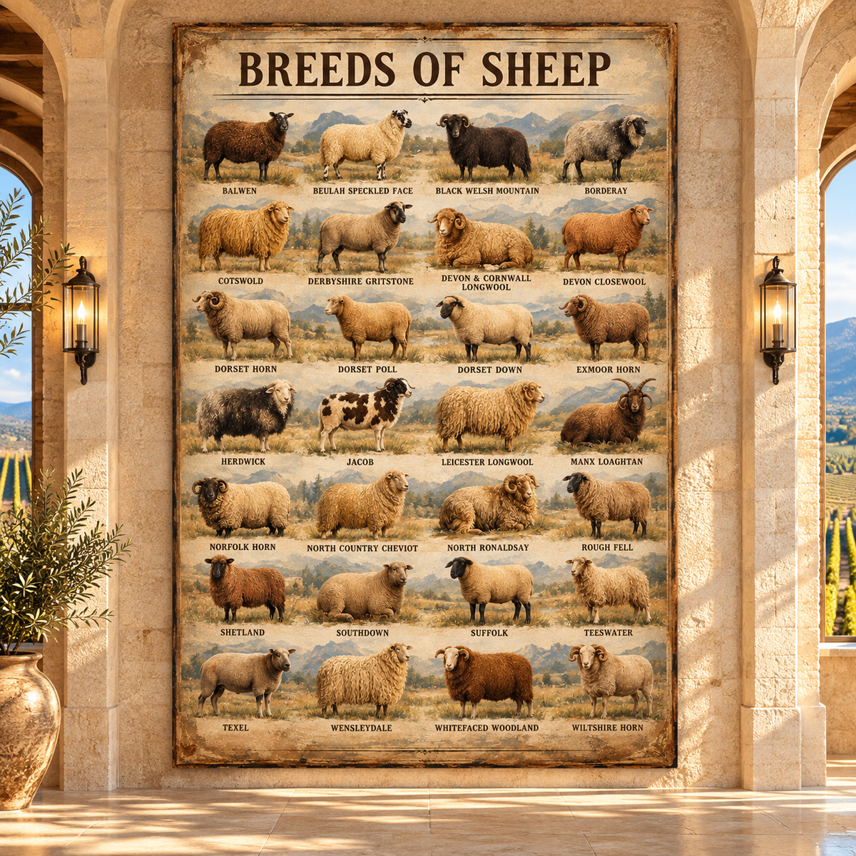 Breeds of Sheep Vintage Chart Wrapped Canvas Wall Art – 28 Sheep Breeds Farmhouse Livestock Poster
