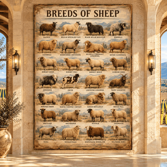 Breeds of Sheep Vintage Chart Wrapped Canvas Wall Art – 28 Sheep Breeds Farmhouse Livestock Poster - ART OF ROYALS