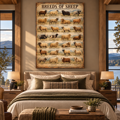 Breeds of Sheep Vintage Chart Wrapped Canvas Wall Art – 28 Sheep Breeds Farmhouse Livestock Poster