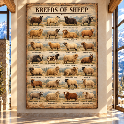 Breeds of Sheep Vintage Chart Wrapped Canvas Wall Art – 28 Sheep Breeds Farmhouse Livestock Poster